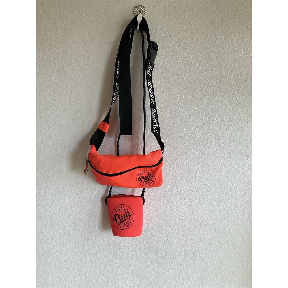 Victoria's Secret Pink We Run This Beach Neon Orange Fanny Pack Can Koozie Set